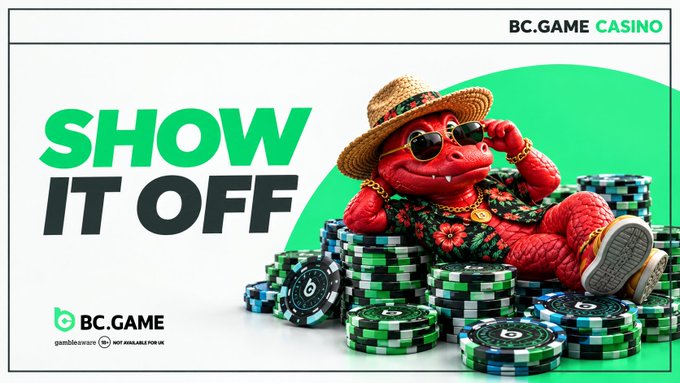 A vibrant promotional graphic for BC.GAME Casino's "Show It Off" daily campaign features a cool red crocodile mascot wearing a straw hat, sunglasses, gold chain, and Hawaiian shirt, lounging atop piles of green, blue, and black casino chips with the bold text "SHOW IT OFF" and "BC.GAME" branding, encouraging players to share their big wins, clutch comebacks, and flex moments for a chance to win up to $20 daily.