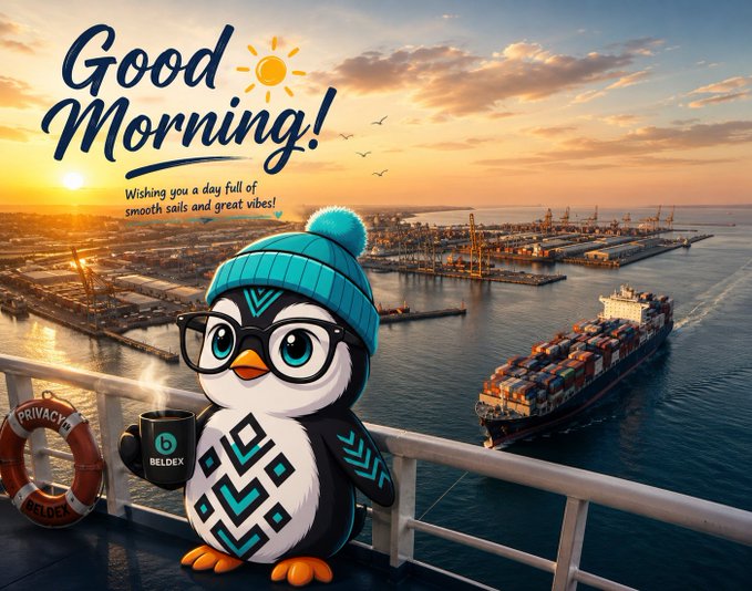 A 'Good Morning!' greeting card features a cartoon penguin wearing a beanie and glasses holding a 'BELDEX' mug, overlooking a port with a container ship at sunrise.