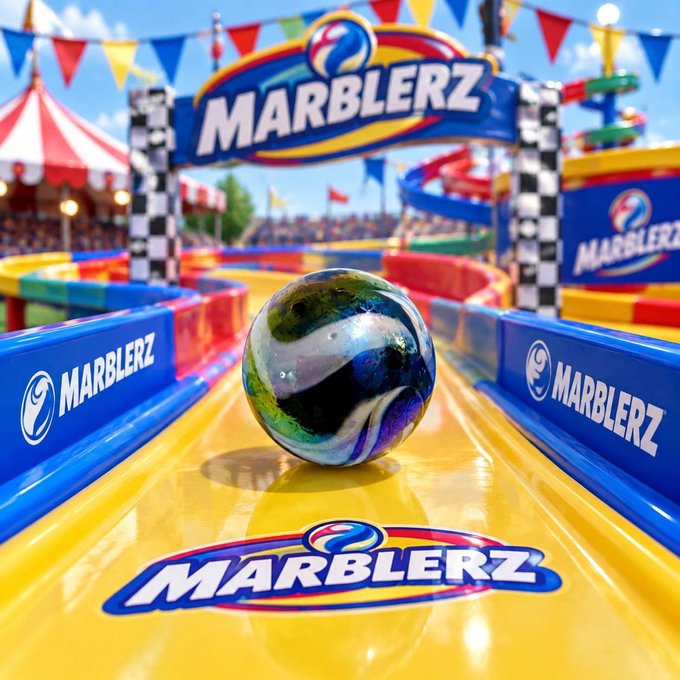A colorful, vibrant promotional-style image for 'MARBLERZ' showing a glass marble with green and black swirls on a bright yellow and blue racing track, complete with checkered flags and a circus tent background.