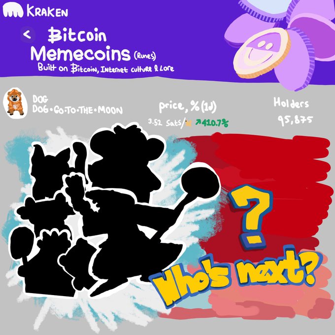 A Kraken promotional graphic for Bitcoin Memecoins (Runes) highlights DOG with a 410.7% price increase, showing silhouettes of popular memecoin characters alongside the text 'Who's next?'.