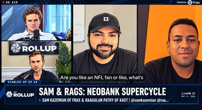 A video podcast 'The Rollup' featuring hosts Sam Kazemian and Raagulan Pathy discussing 'NEOBANK SUPERCYCLE' in Stabled Up EP 49.