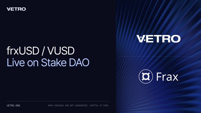 A dark blue promotional graphic from Vetro announcing that frxUSD/VUSD is now live on Stake DAO, featuring the Vetro and Frax logos alongside the bold headline text. The design directly supports the announcement of a new frxUSD PegKeeper pool with high initial bootstrapping APR on Stake DAO.
