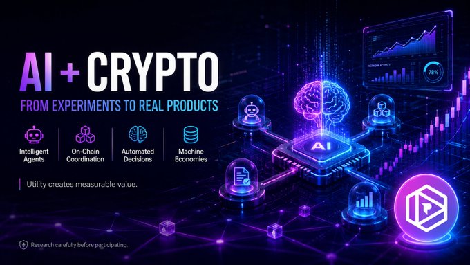 A promotional graphic titled 'AI + CRYPTO: FROM EXPERIMENTS TO REAL PRODUCTS' featuring icons for Intelligent Agents, On-Chain Coordination, Automated Decisions, and Machine Economies.