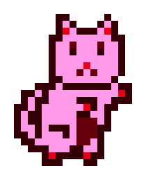 A simple pixel art illustration of a pink cat-like creature sitting against a white background.
