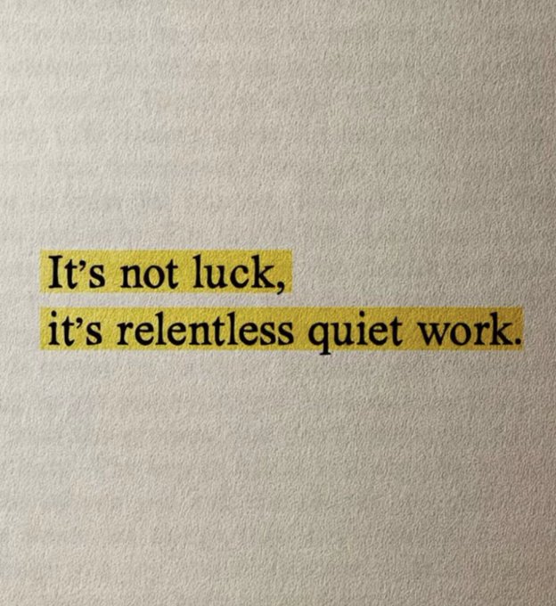 The image shows the quote "It's not luck, it's relentless quiet work." highlighted in yellow on a textured cream background. It complements the post's message about avoiding revenge trades after a loss—reinforcing that consistent, disciplined results come from steady, patient effort rather than emotional, impulsive attempts to "win it back."