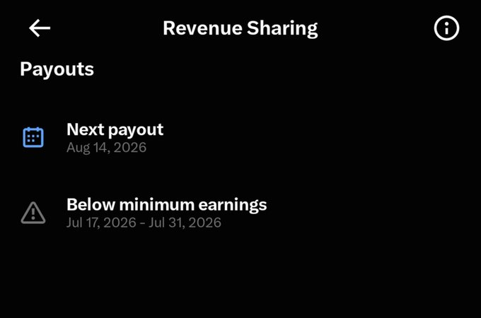 A dark mobile app screen titled 'Revenue Sharing' showing 'Payouts' section with 'Next payout' scheduled for Aug 14, 2026, and a warning 'Below minimum earnings' for Jul 17, 2026 – Jul 31, 2026.
