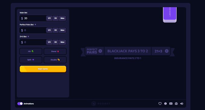 A screenshot of an online blackjack betting panel with controls for main bet, perfect pairs, and 21+3 side bets.