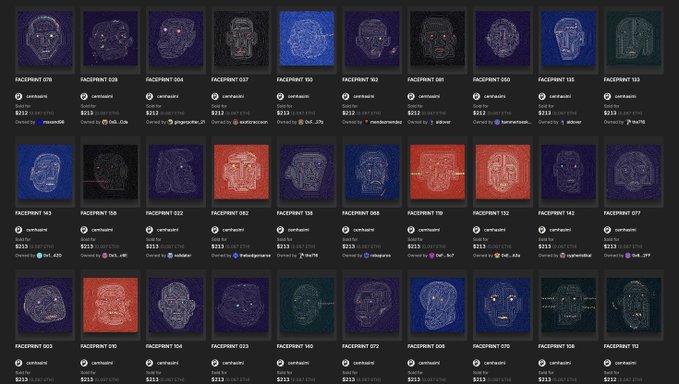 A screenshot showing a grid of NFT profile pictures (PFPs) from the "FACESNFT" collection, displayed in blue, red, and purple wireframe-style face designs, each with a price listed in Ethereum.