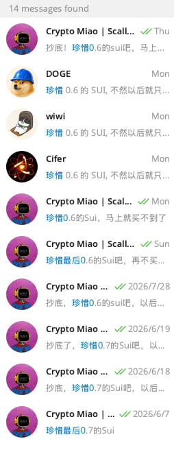A Telegram group chat shows 14 messages from users "Crypto Miao," "DOGE," "wiwi," and "Cifer" all advising to "抄底0.6的SUI" (buy the dip on SUI at 0.6), with dates spanning from June 2026 to a recent Thursday, supporting the poster's claim of repeatedly calling the SUI dip before its rise to 0.8.