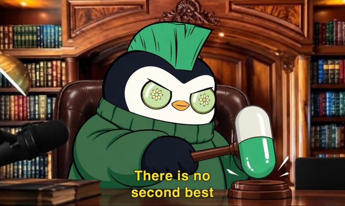 A cartoon penguin dressed in a green hoodie and pom-pom hat angrily bangs a gavel in a courtroom, with the caption 'There is no second best'.