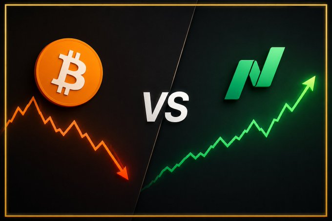 A graphic comparison showing Bitcoin with a downward red arrow on the left versus a green logo with an upward green arrow on the right, separated by "VS" in the center.