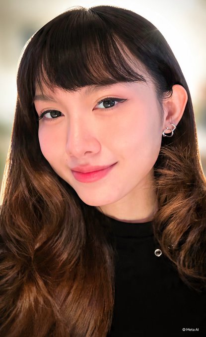 A close-up portrait of a young woman with long brown hair and bangs, wearing small earrings and smiling softly, watermarked with 'Meta AI'.