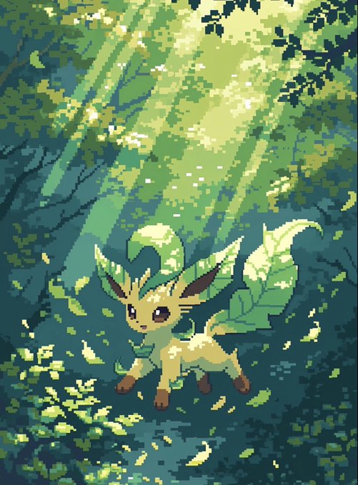 A pixel art illustration of Leafeon standing in a sunlit forest with light streaming through the trees.
