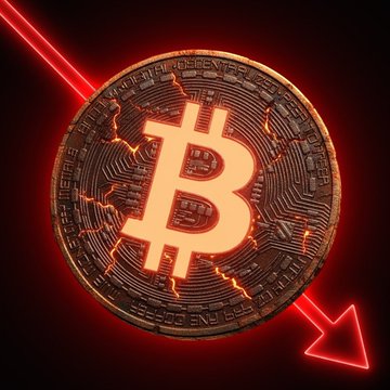 The image shows a coin sinking down into a body of red fluid that appears to be lava or molten chocolate, representing Bitcoins falling below their previous value. A red arrow pointing downwards indicates this downward trend. In the background, there are words that likely explain the concept behind this scene: "BITCOIN FALLS BELOW $64,000. More than $1.1BILLION liquidated in the past 24 hours."