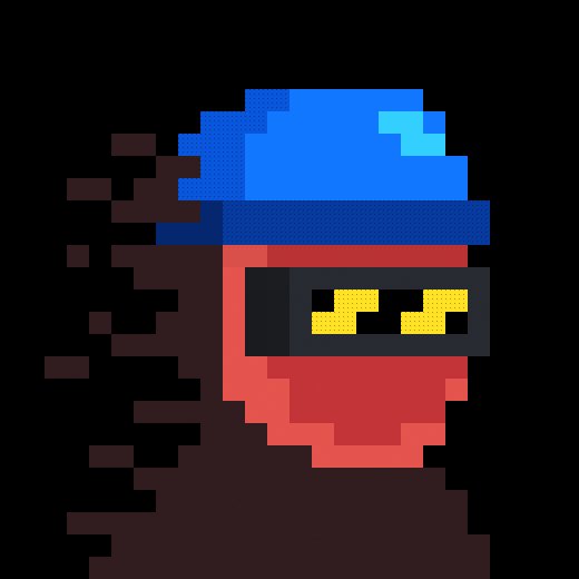 A pixel art portrait of a character wearing a red mask with yellow eyes, a blue beanie, and a brown coat.