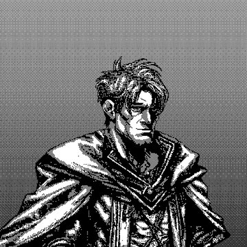 A black and white pixel art illustration of a serious-looking man with glasses, an eyepatch, and a cape, set against a gray background.