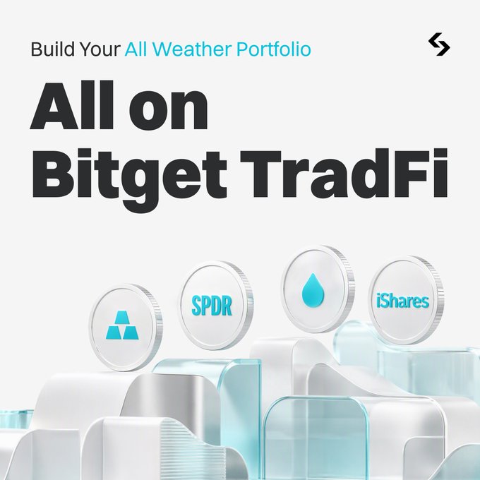 The image is a promotional graphic featuring bold black text that reads "Build Your All Weather Portfolio" and "All on Bitget TradFi," with a stylized double-arrow icon in the top right corner, accompanied by 3D-rendered silver coins and translucent blue bars displaying the logos of major ETF issuers—SPDR, iShares, and a water drop icon—visually representing the diversified, multi-asset investment products available for trading on Bitget's TradFi platform.