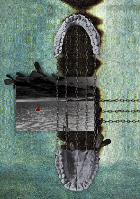 A surreal collage featuring a grayscale photo of a small sailboat on water, suspended by chains within a horseshoe shape against a glitchy blue-green textured background.