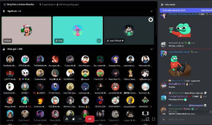 A screenshot of a Discord call in 'Ninja Paint x Arsham Khan', showing multiple user avatars in a grid and a chat sidebar titled '#ritty works'.