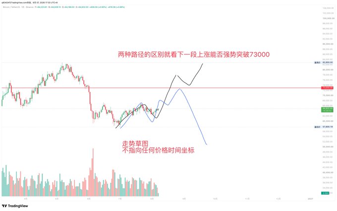 The image is a BTC/USD trading chart from TradingView (Binance, 1D timeframe) showing Bitcoin's price action around the 69,000-72,000 range, with handwritten Chinese annotations reading "两种路径的区别就看下一段上涨能否强势突破73000" (The difference between the two paths depends on whether the next rally can strongly break through 73,000) and "走势草图 不指向任何价格时间坐标" (Trend sketch, does not point to any specific price/time coordinate), with two sketched scenarios—one bullish breakout continuing higher and one bearish reversal downward.

This illustrates the poster's dilemma about whether to hold their BTC spot positions bought above 59,000 into the next bull market peak or treat it as a short-term swing trade, with the chart's two-path sketch visually representing the uncertainty around whether Bitcoin can decisively break 73,000 to confirm a sustained uptrend.