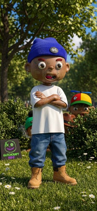 A 3D-rendered cartoon character of a young boy wearing a blue beanie with "GC" on it, a white t-shirt, blue jeans, and brown boots, standing in a grassy park with another similar character in the background.
