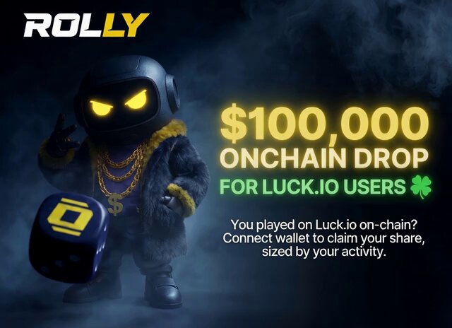The image features a poster for a new game called "Rolly" that has been released by Luckio. The poster includes a cartoon character dressed in a black suit, holding a blue dice with gold accents, and the text "100k onchain drop". It also mentions an extension of the game's release date to June 8th and emphasizes that players should focus on the game itself rather than worrying about KYC or custodians. The poster is designed to attract attention and promote the game among Luckio users who missed the initial window for the 100k onchain drop.