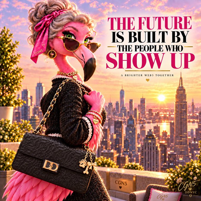 A stylized illustration of a fashionable pink flamingo wearing sunglasses and a black jacket, holding a designer handbag with the text 'THE FUTURE IS BUILT BY THE PEOPLE WHO SHOW UP - A BRIGHTER WEB3 TOGETHER' and 'CGN5' branding, set against a sunset city skyline.
