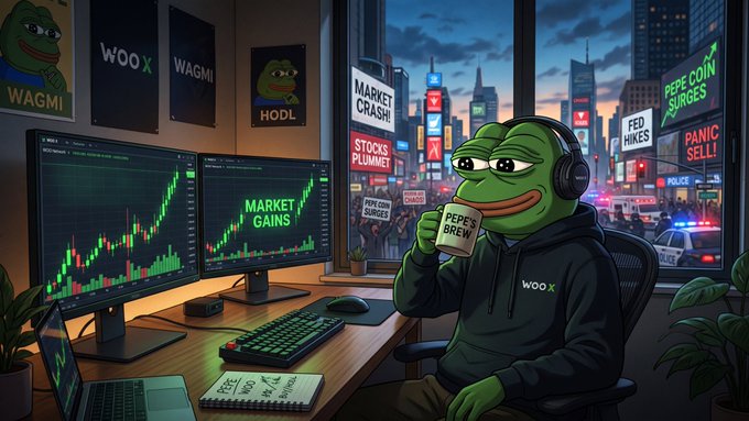 An illustration of a Pepe the Frog character wearing headphones and a "WOO X" hoodie, drinking from a "PEPE'S BREW" mug in front of monitors displaying "MARKET GAINS" stock charts, with a cityscape background showing "PEPE COIN SURGES" and "MARKET CRASH" headlines.