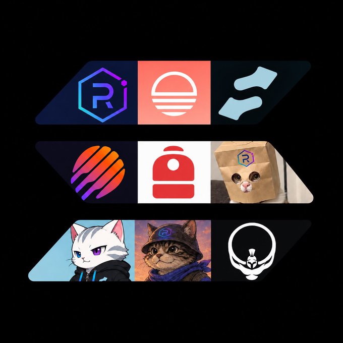 A graphic displaying a 3x3 grid of logos and icons on a black background, featuring designs like a stylized 'R', a planet with rings, a backpack, a cat in a bag, and a cat wearing a firefighter helmet.