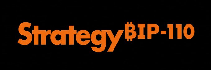 This image features a logo for Strategy IP 110, which is an investment firm that specializes in trading Bitcoin tokens. The logo consists of a black line with bold orange text that reads "StrategyIP-110" at the top followed by "acquiring signaling hashpower for 2,000,000 sats (0.02 BTC) for $1334 per bitcoin." Additionally, there is a caption below the logo stating "As of 6/16/2022, we have deployed 2,000,000 sats toward rented hash supporting BIP110 activation".