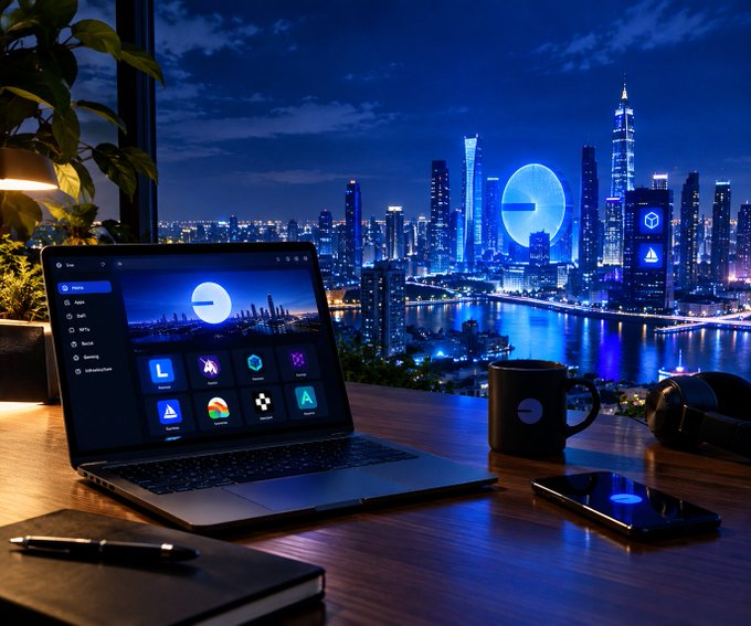 A moody desk setup scene with a laptop displaying app icons, a smartphone, coffee mug, notebook, and headphones, with a nighttime city skyline featuring skyscrapers and a glowing circular logo in the background.
