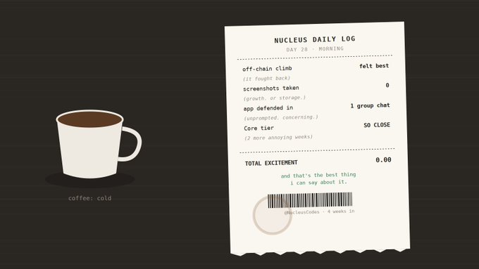 A graphic illustration featuring a white mug of coffee labeled "coffee: cold" next to a receipt titled "NUCLEUS DAILY LOG" dated "DAY 28 - MORNING" with humorous entries like "off-chain climb - felt best" and "TOTAL EXCITEMENT 0.00".