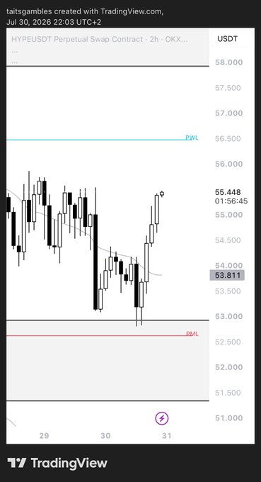 A TradingView candlestick chart titled 'HYPEUSDT Perpetual Swap Contract' showing price action between roughly 51.000 and 58.000 USDT, created by taitsgambles on Jul 30, 2026.