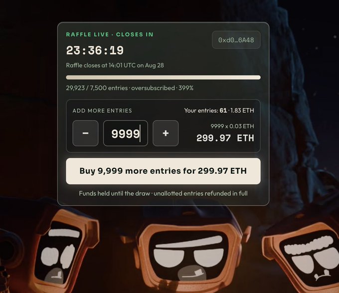 A raffle interface showing 'RAFFLE LIVE' with 23:36:19 remaining, displaying 29,923/7,500 entries (oversubscribed at 399%), with an option to buy 9,999 more entries for 299.97 ETH.