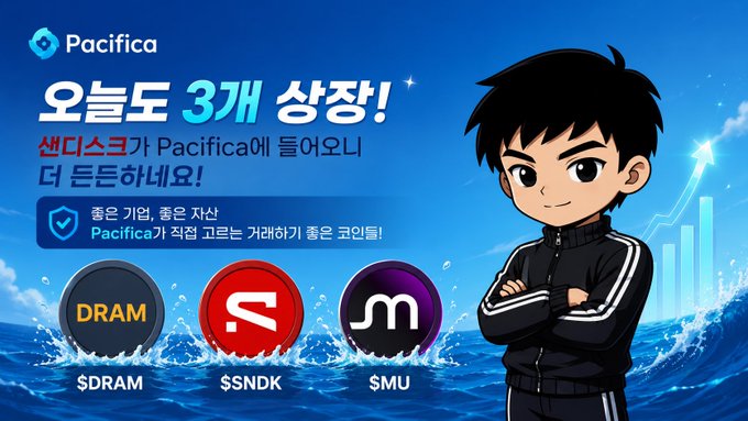 A promotional advertisement for Pacifica featuring a cartoon character in a tracksuit, advertising three new token listings ($DRAM, $SNDK, $MU) with Korean text celebrating the exchange's 10th anniversary.