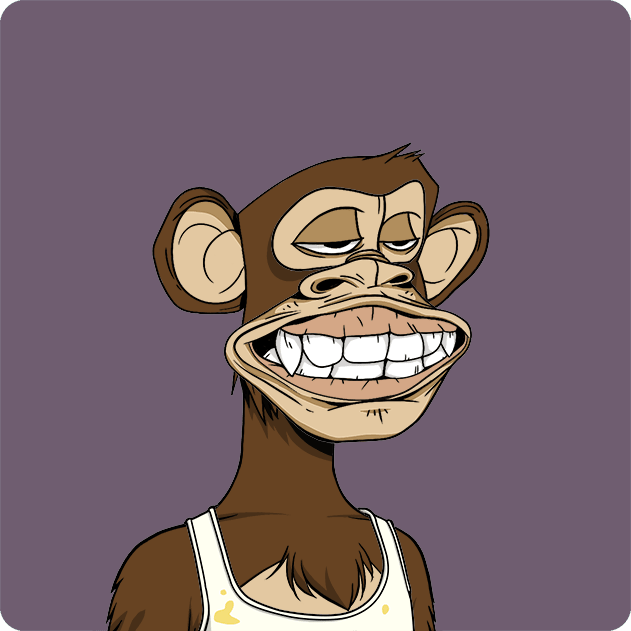 A cartoon illustration of a brown monkey with a wide, toothy grin wearing a white tank top against a purple background, styled like an NFT character.