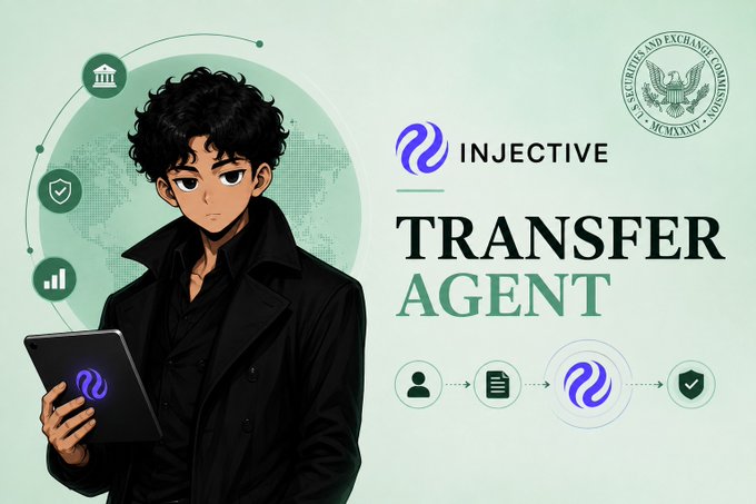 Promotional graphic for Injective's 'Transfer Agent' featuring an anime-style character holding a tablet, with the SEC seal and Injective logo, alongside icons depicting a transaction flow.