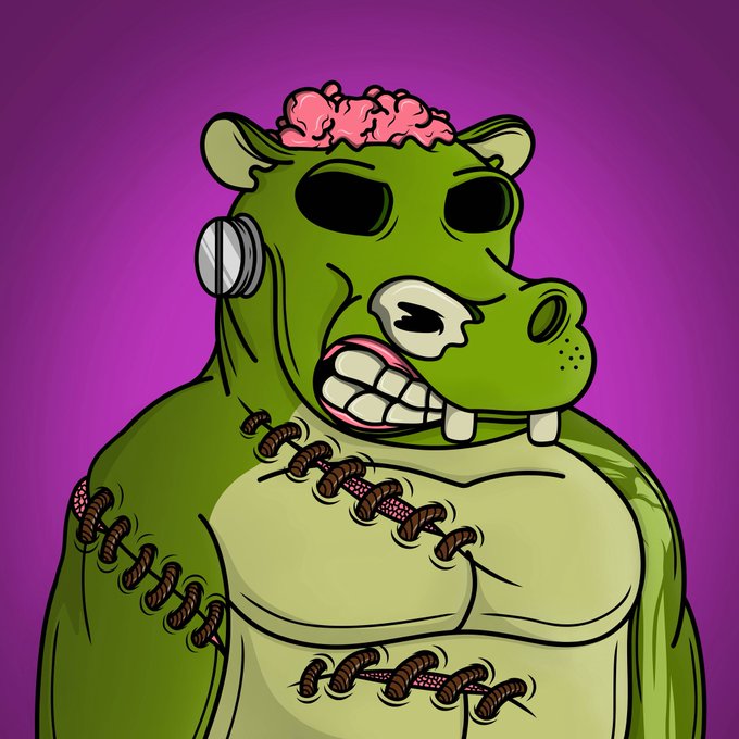 A cartoon illustration depicts a grotesque green hippo with a stitched scar, exposed brain, and robotic implant against a purple background, fitting the surreal NFT art aesthetic associated with the Heepow Bonanza project mentioned in the post.