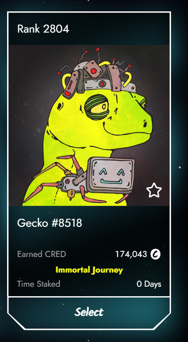 A mobile app screen displaying 'Rank 2804' and a cyborg gecko character labeled 'Gecko #8518' with 'Earned CRED 174,043' and an 'Immortal Journey' badge.