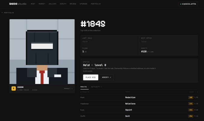 A screenshot of a Doodoo Studio NFT portfolio page showing item #1849, a pixel-art character in a suit, with traits including Redaction, SalsaLava, Squirt, and Suit.