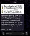 A chat message shows current position of $179.00, available balance of $658.00, and total net worth of $7,095.25.