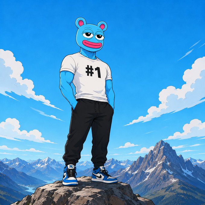 An anime-style character with a blue bear mask, wearing a '#1' t-shirt and Nike Jordans, standing on a mountain peak against a bright blue sky.
