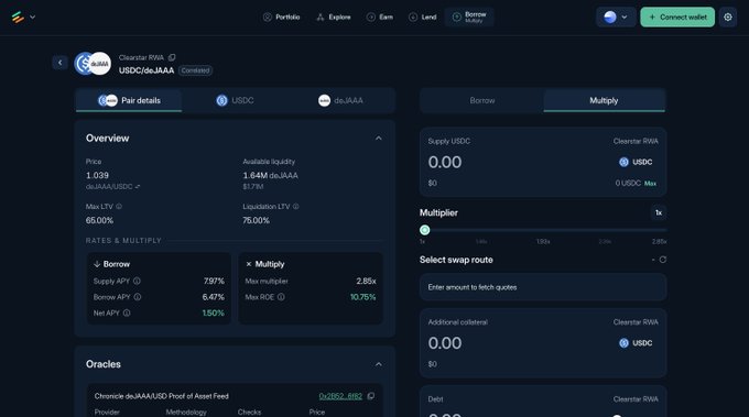 A DeFi dashboard interface for a Clearpool RWA pair (USDC/deJAAA) showing pair details, supply/liquidation information, borrow rates, and swap routing options.