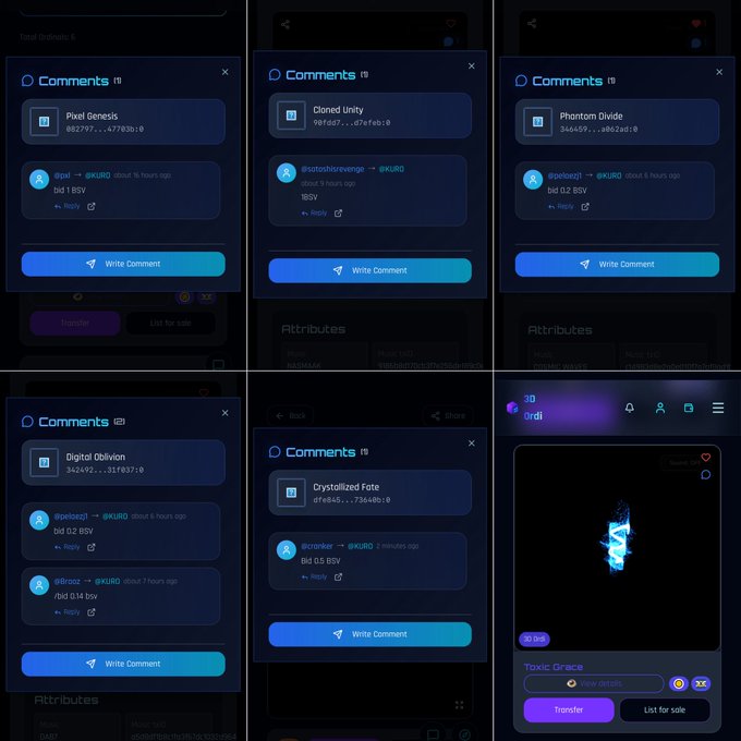 A collage of mobile app screenshots showing comments on various digital collectibles, including 'Pixel Genesis', 'Cloned Unity', 'Phantom Divide', 'Digital Oblivion', and 'Crystallized Fate', alongside a 3D NFT called 'Toxic Grace'.