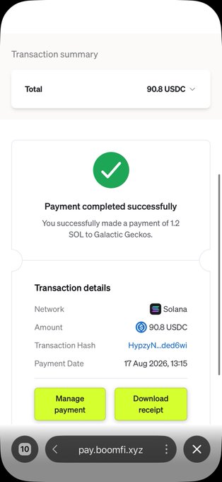 A mobile screenshot of a successful transaction on pay.boomfi.xyz showing a payment of 90.8 USDC completed on the Solana network for Galactic Geckos.