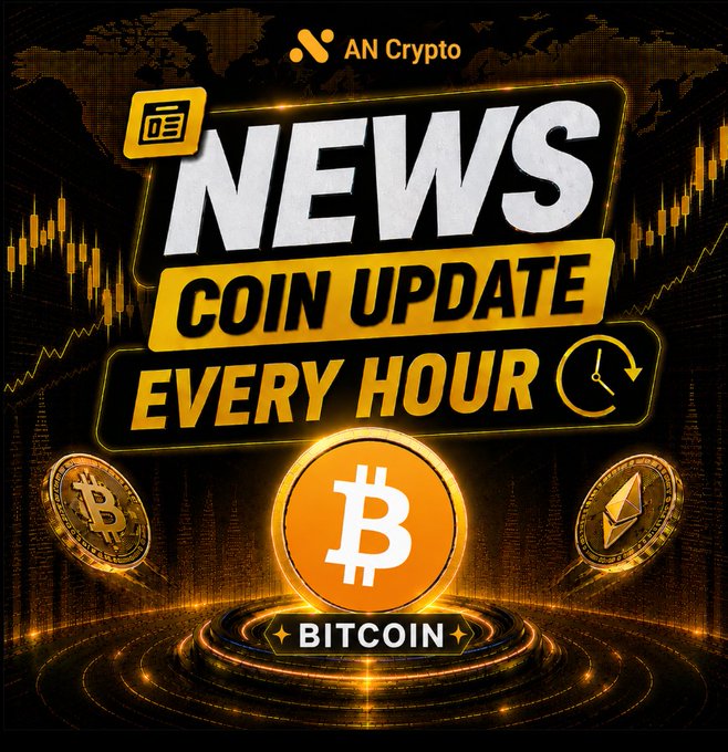 A promotional graphic for 'AN Crypto' featuring bold text reading 'NEWS COIN UPDATE EVERY HOUR' with a Bitcoin coin prominently displayed at the bottom and candlestick chart patterns in the background.