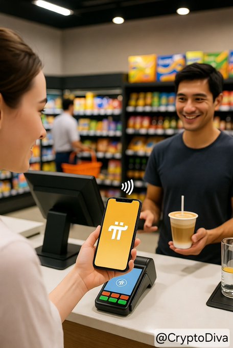 An AI-generated scene at a grocery store checkout where a customer pays with a smartphone displaying the Pi Network logo, while a cashier holds an iced coffee. The watermark '@CryptoDiva' is visible.