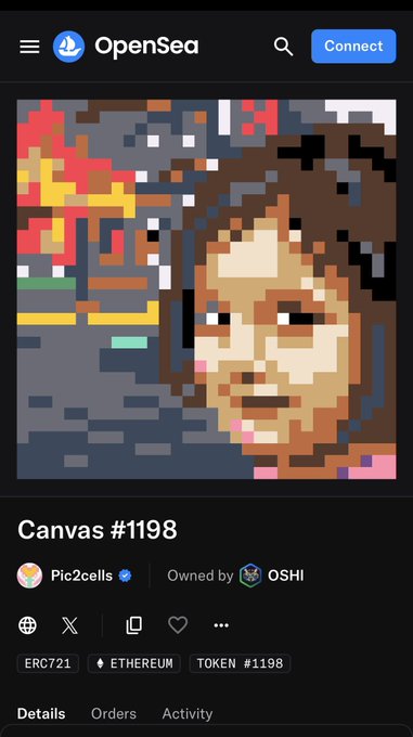 A screenshot of the OpenSea NFT marketplace displaying a pixel art piece titled 'Canvas #1198' by Pic2cells, currently owned by OSHI on the Ethereum blockchain.