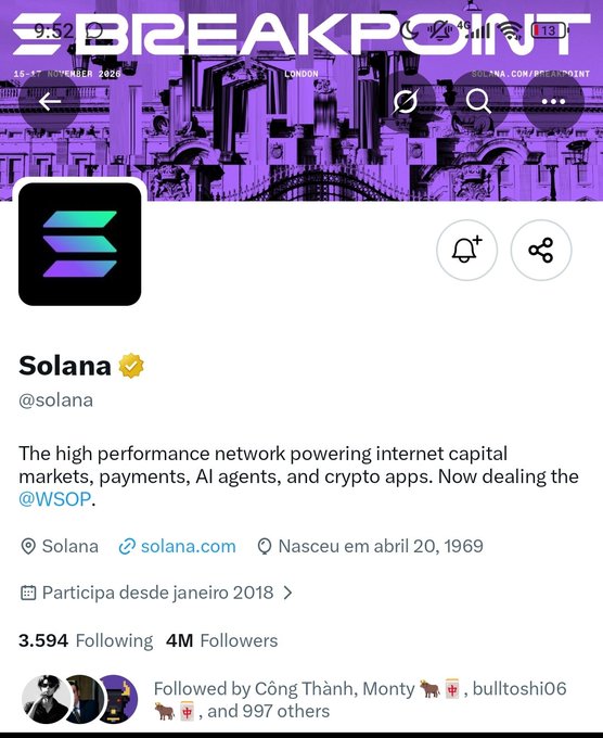 A mobile screenshot of the Solana (@solana) X/Twitter profile showing the verified account with 4M followers, describing it as "The high performance network powering internet capital markets, payments, AI agents, and crypto apps."