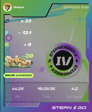An Octopus-themed digital interface displaying a STEPN GO running session with metrics: 44.26 km distance, 10:38:36 time, 4.2 avg speed, featuring a Level 33 walker and a IV STEPNEMBER badge.